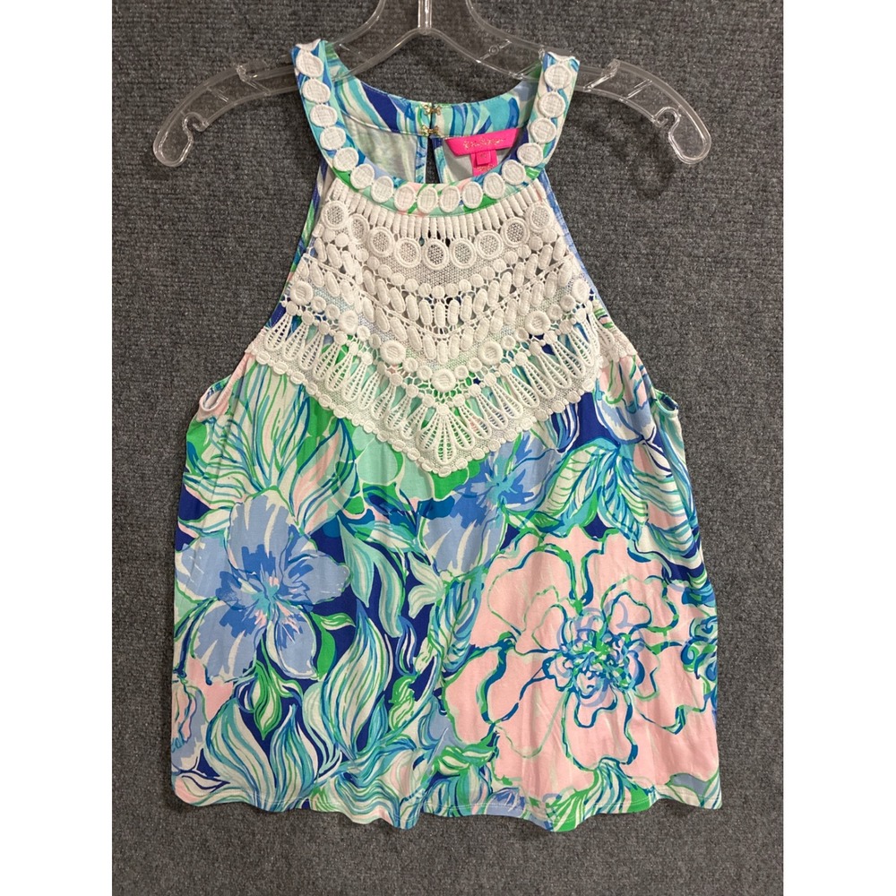 Lilly Pulitzer Womens Halter Tank Top M Blue Floral Crochet Lace Bib Sleeveless